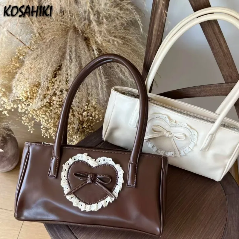

Vintage Y2k Aesthetic Patchwork Lace Handbags All Match Sweet Heart Bow Shoulder Underarm Bag Fashion Chic Travel Bags for Women