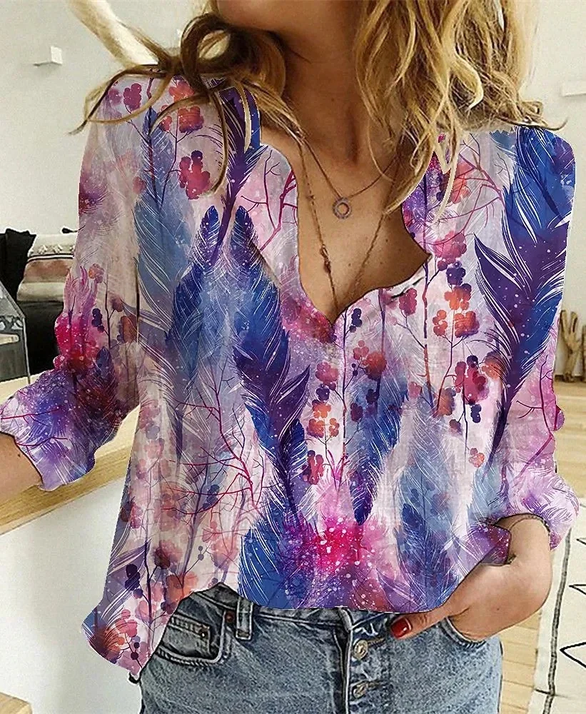 Elegant Loose Shirt Woman Weekend Casual 3D Flower Print Woman Shirt Long Sleeve Woman Shirt Fashion Tops Blouses Women