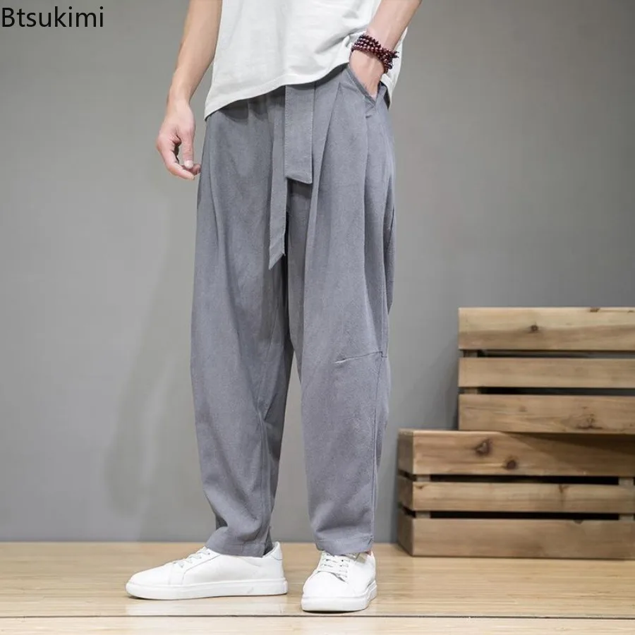 Spring Summer Cotton Linen Pants for Men Elastic Waist Loose Casual Sweatpants Traditional Chinese Harem Trouser Pantalons Homme