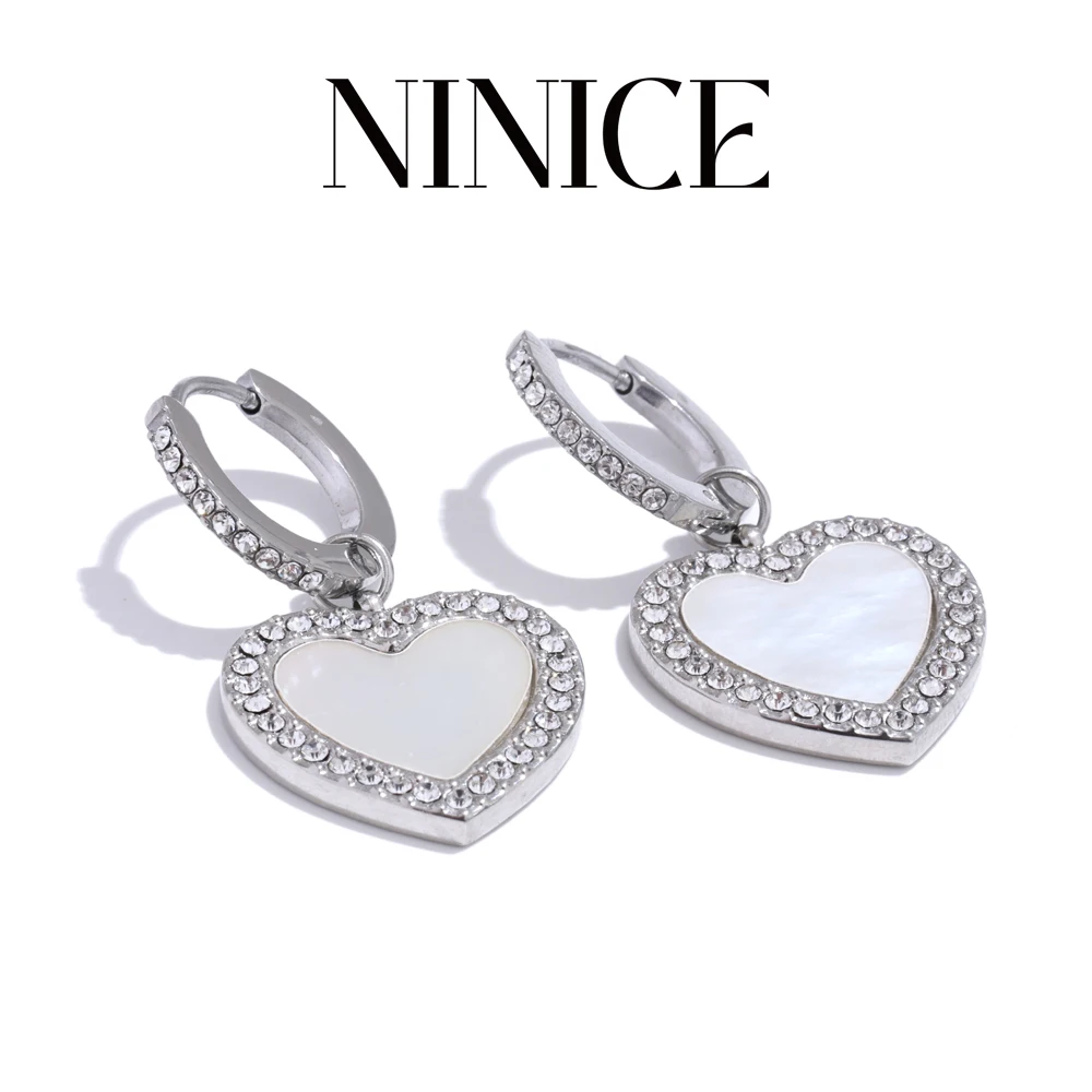 

NiNice High Quality Stainless Steel Natural Shell Zirconia Love Heart Drop Hoop Earrings Valentine's Day Gift Jewelry Gift