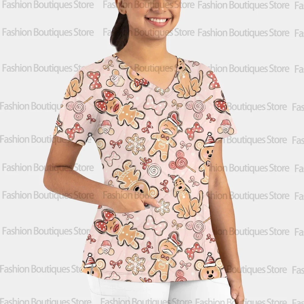 

Женская рождественская рубашка с принтом Микки и Минни Диснея, 2025 год, больничная медсестра, матовая рубашка, футболка, карманная униформа