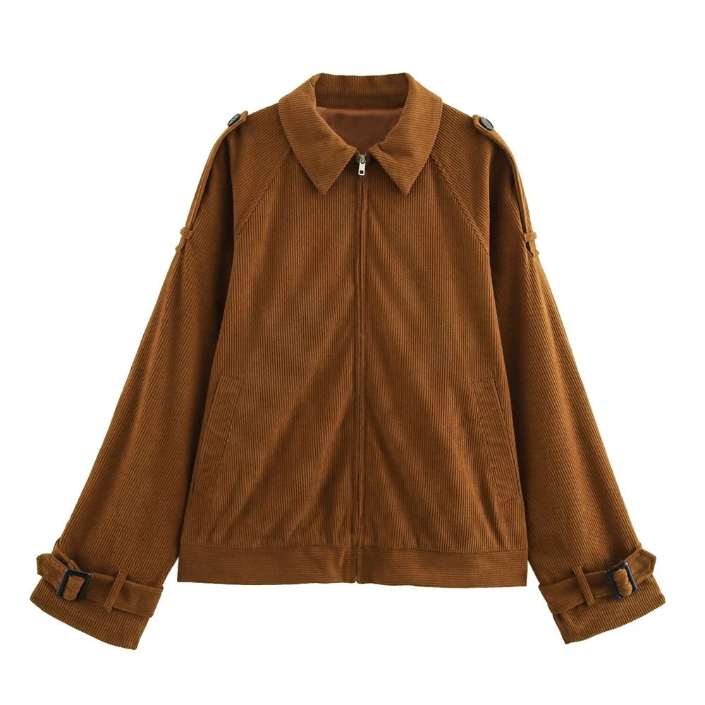 UNIZERA Winter New Product: Flip Collar Long Sleeve Solid Color Tripper Decoration Corduroy Pilot Jacket Coat for Women