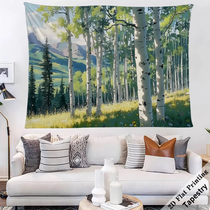 Huge Forest Scene Tapestry Wall Hanging Birch Tree Nature Boho Green Landscape Decor Art 180x280cm