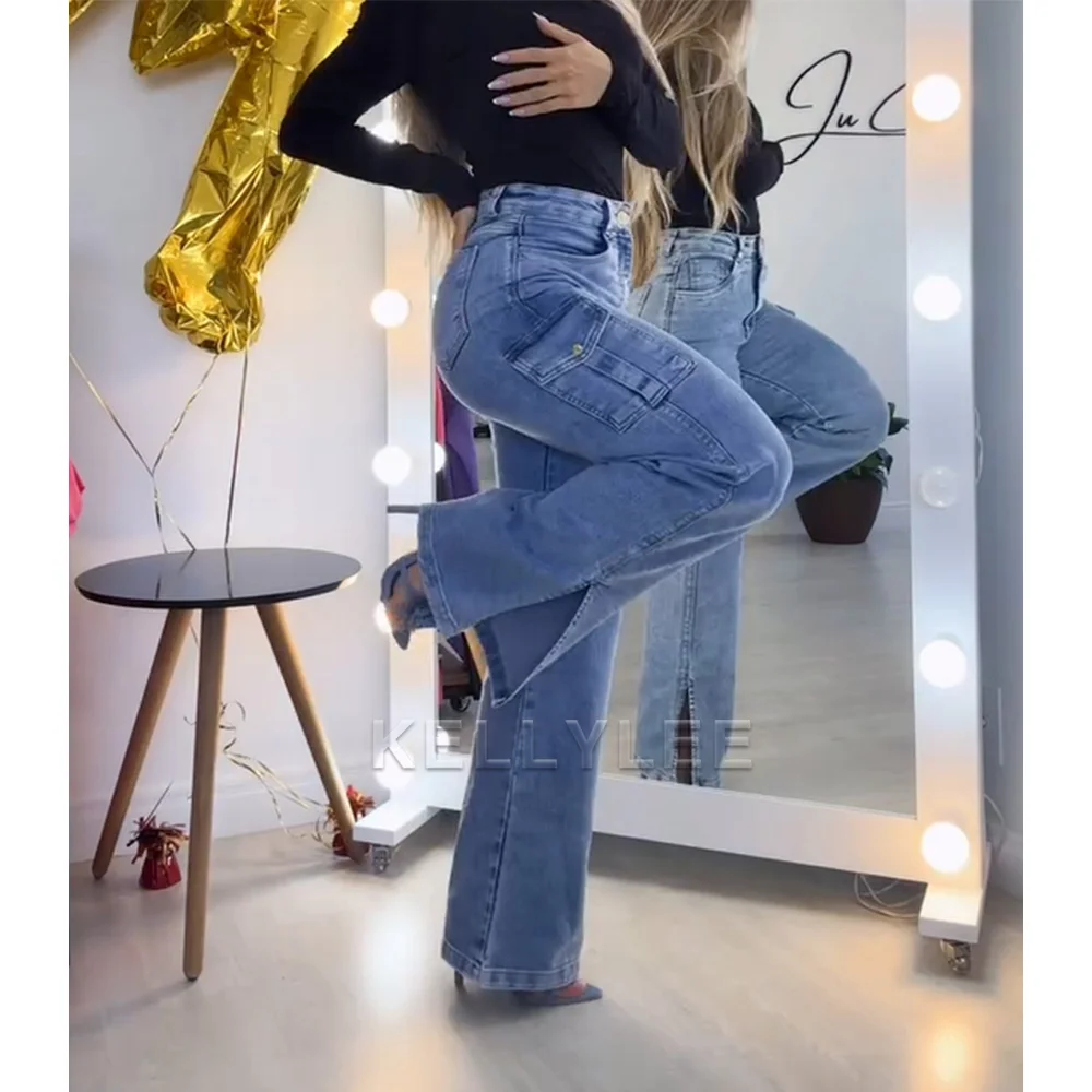 Mode Hoge Taille Multi-Pocket Cargo Jeans Hoge Kwaliteit Stijlvolle Losse Broek Wikkel Heupen Casual Damesbroek Damesbroek