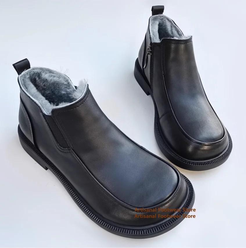 Men's Snow Boots Black/brown Side Zipper Sheepskin Integrated Anti-Slip Snow Boots Handmade Genuine Leather Warm Men Boots