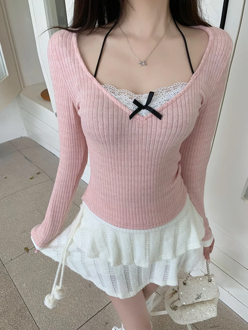 Anivia Women's New Korean Cute Bow Long Sleeve Fake Two Piece Knitted T-shirt Pink Fashion High Street Splicing Design Y2K Top