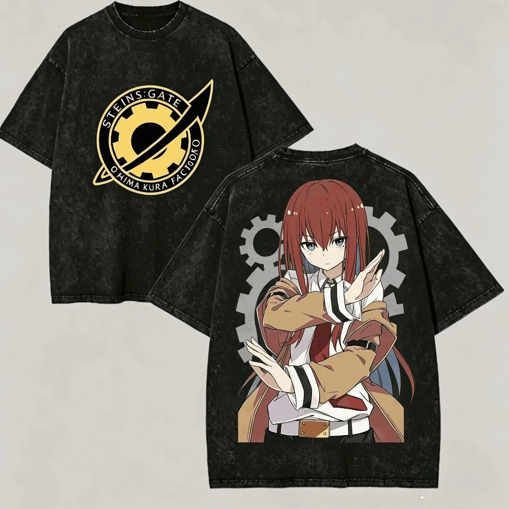 Steins;Gate Shirt Vintage Washed Unisex Oversized Anime Streetwear Soft Cotton Short Sleeve Tee Gift Clothing Tops 2026 Hot Sale