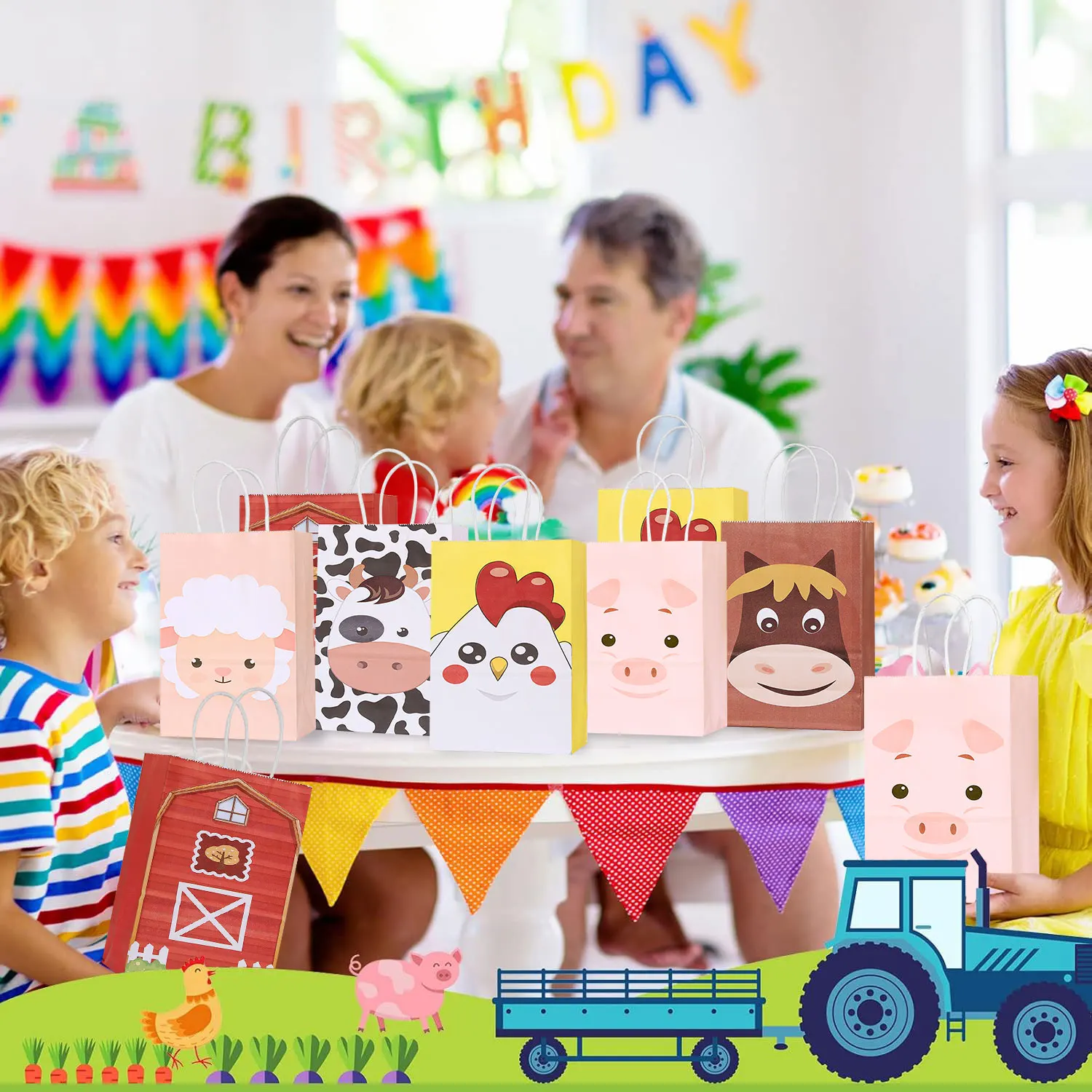 12/24 Stück Bauernhoftier-Partygeschenktüten mit Griffen, Scheunenhof, Geburtstagsgeschenk, Leckerli, Goody-Taschen, Kraftpapier, Süßigkeiten-Geschenktüte für Kinder – Detail 4
