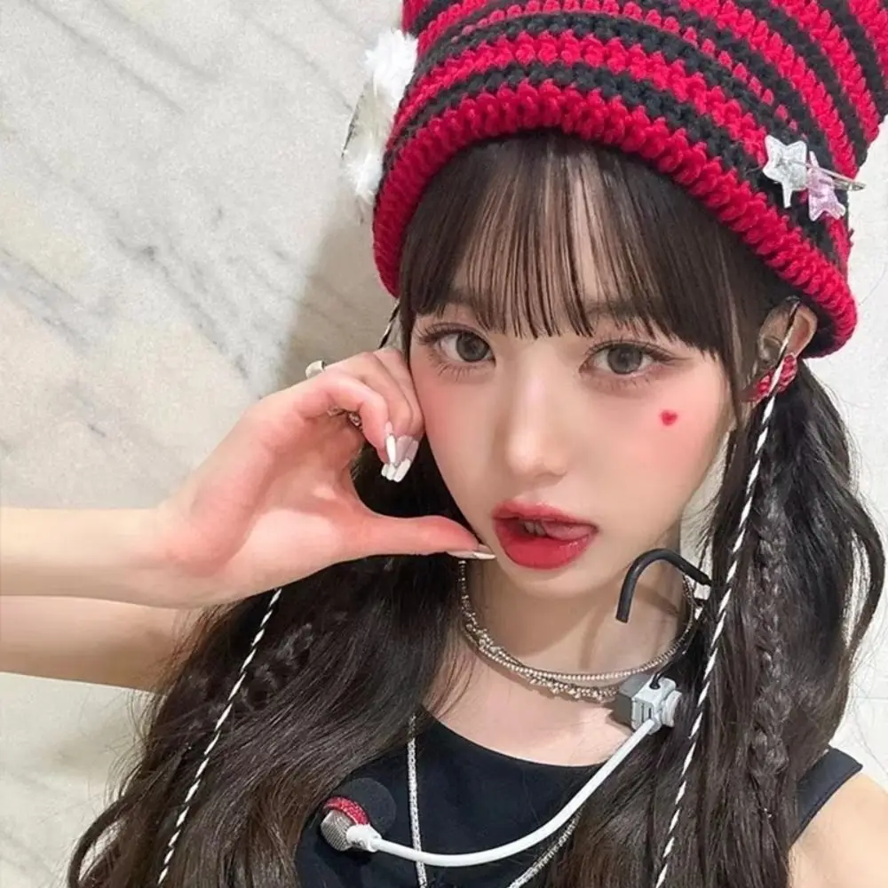 Ears Pointed Pullover Y2K Cute Y2K Beanie Hat Striped Devil Ear Cat Star Devil Hat Autumn Winter