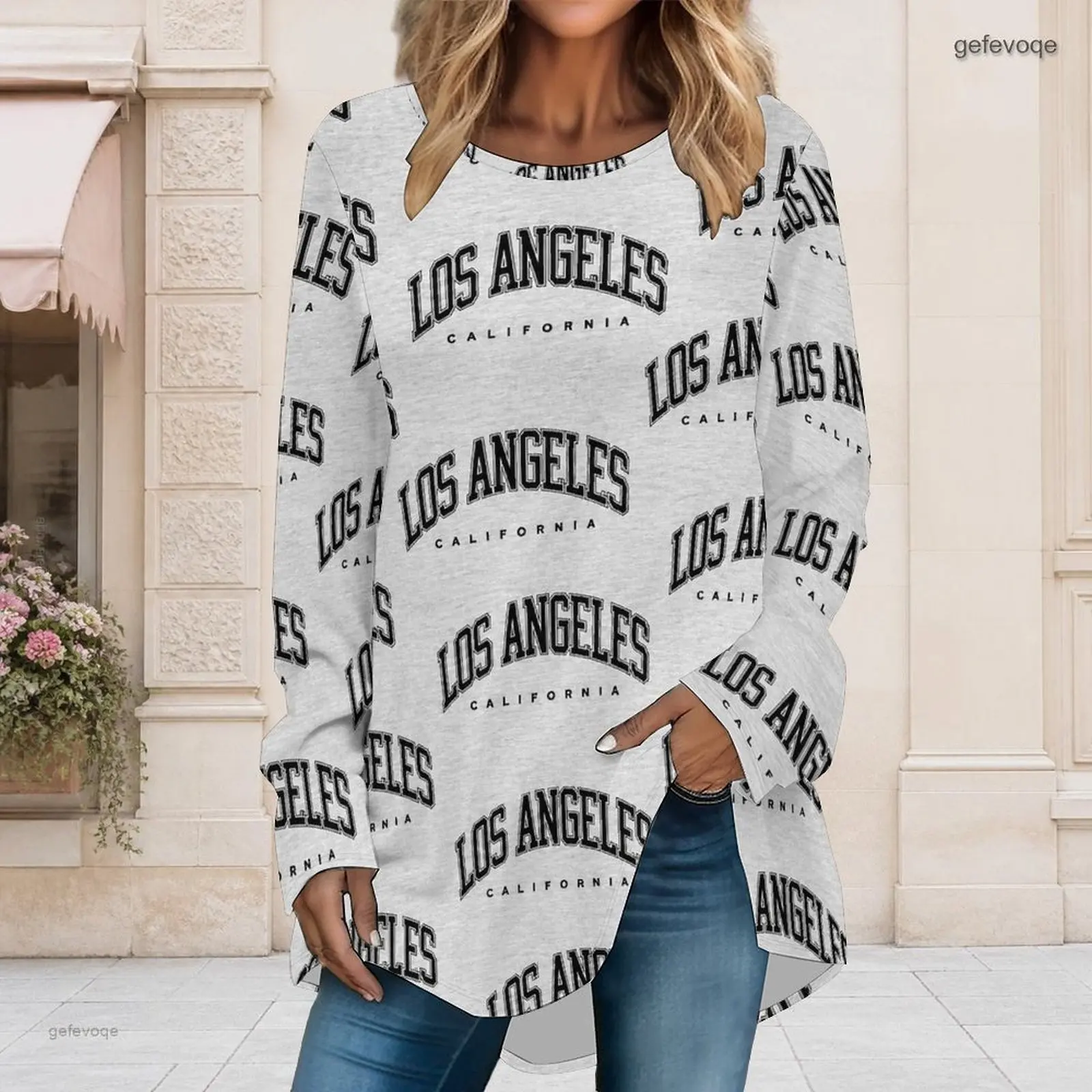 Women Allover Los Angeles California Text Printed Round Neck Long Sleeve Loose High Low Hem Top