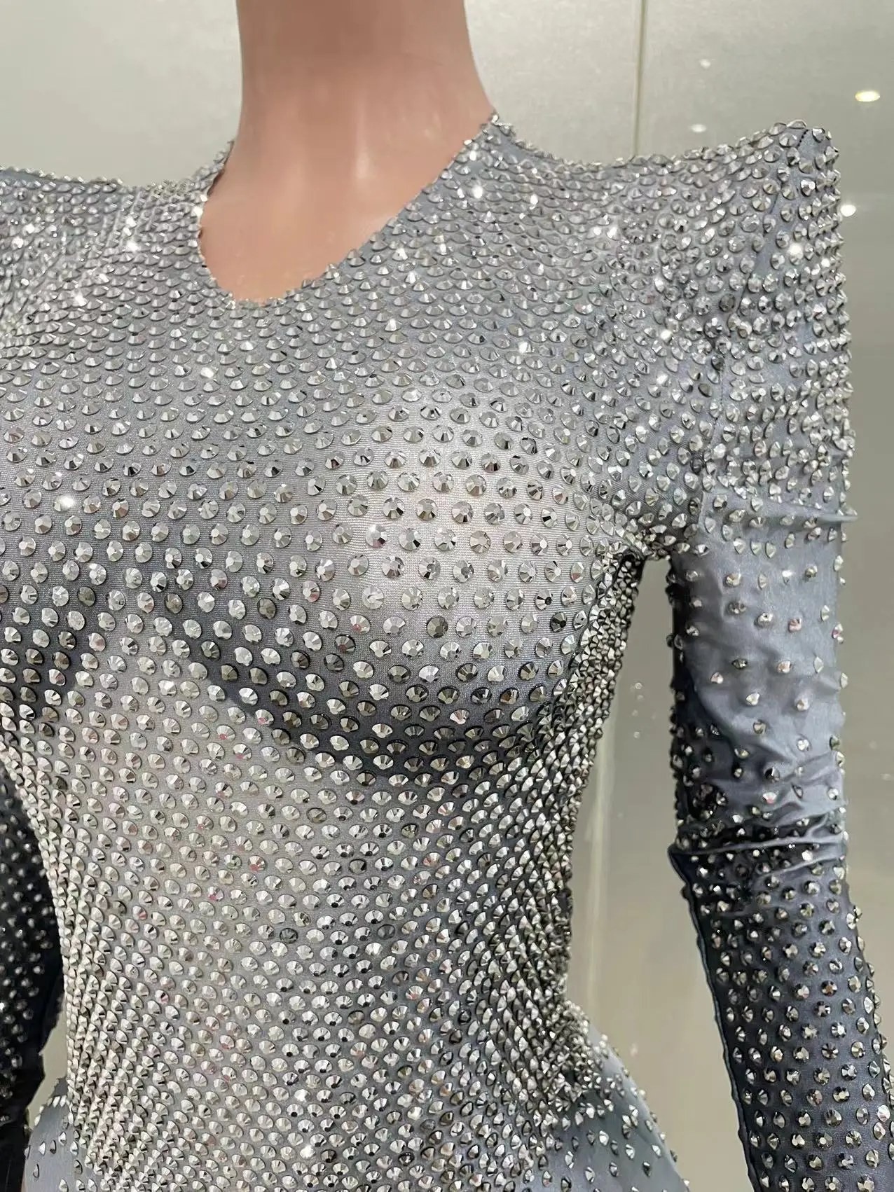 STOCK Sparkly strass tuta manica lunga Costume da ballo Sexy Drag Queen Show Performance Club body Stage Wear