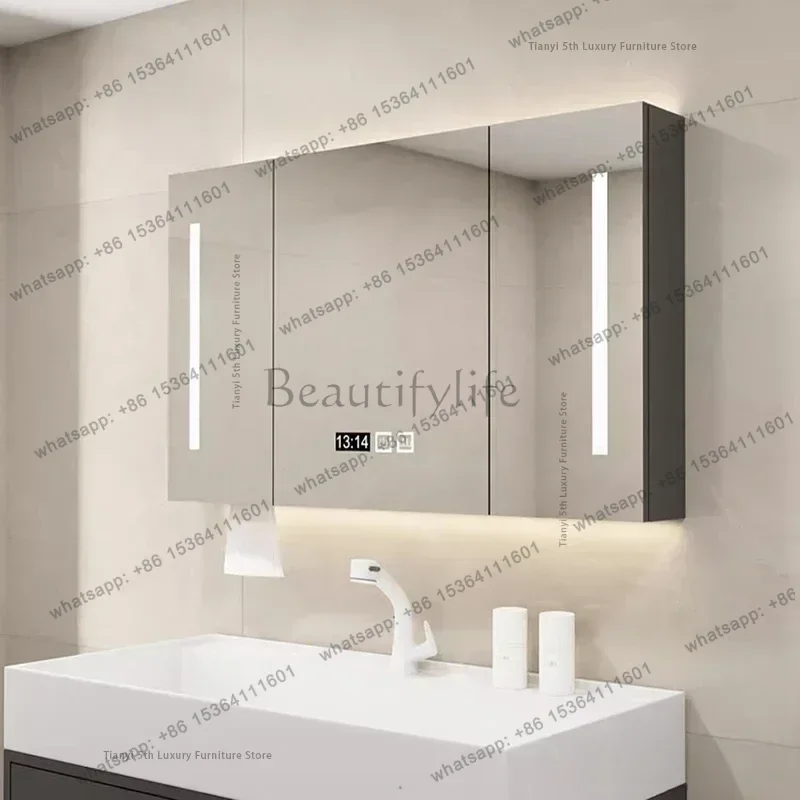 Best Sellers Solid Wood Smart Bathroom Mirror Wall-mounted Nordic LED Light Storage Mirror Cabinet Vanity Home Furniture Arredo