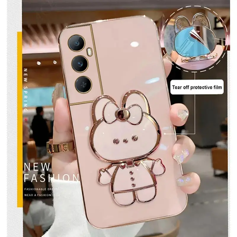 C65 Rabbit Makeup Mirror Holder Plating Phone Case For Realme C65 Thin Shatterproof Camera Protection Realme C65 Soft Back Cover