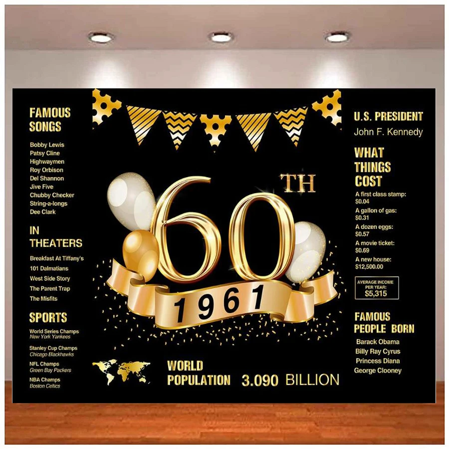 60th Birthday Photography Backdrop 1961 Sign 60th Golden Glitter Shiny Background 60 Years Old Age Party Photo Banner Decoration