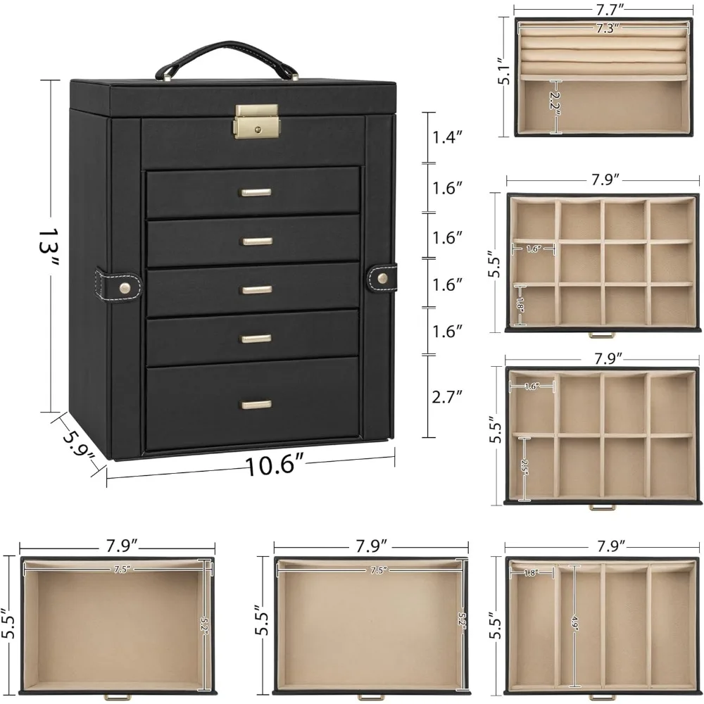 

Large 6-Tier Jewelry Box Lockable Leather Jewelry Storage Case with 5 Drawers