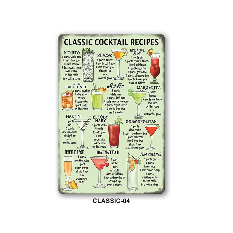 Classic Cocktail Tin Sign Recipes Beer Wine Drink List Poster Vintage Metal Tin Signs for Wall Art Decor Home Bars Clubs Cafes