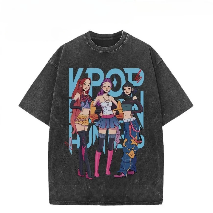 

Anime Kpop Demon Hunters Washed T-shirt Men Women Fashion Cartoon Graphic Printed Trend Street Crewneck T Shirt Oversized Tshirt