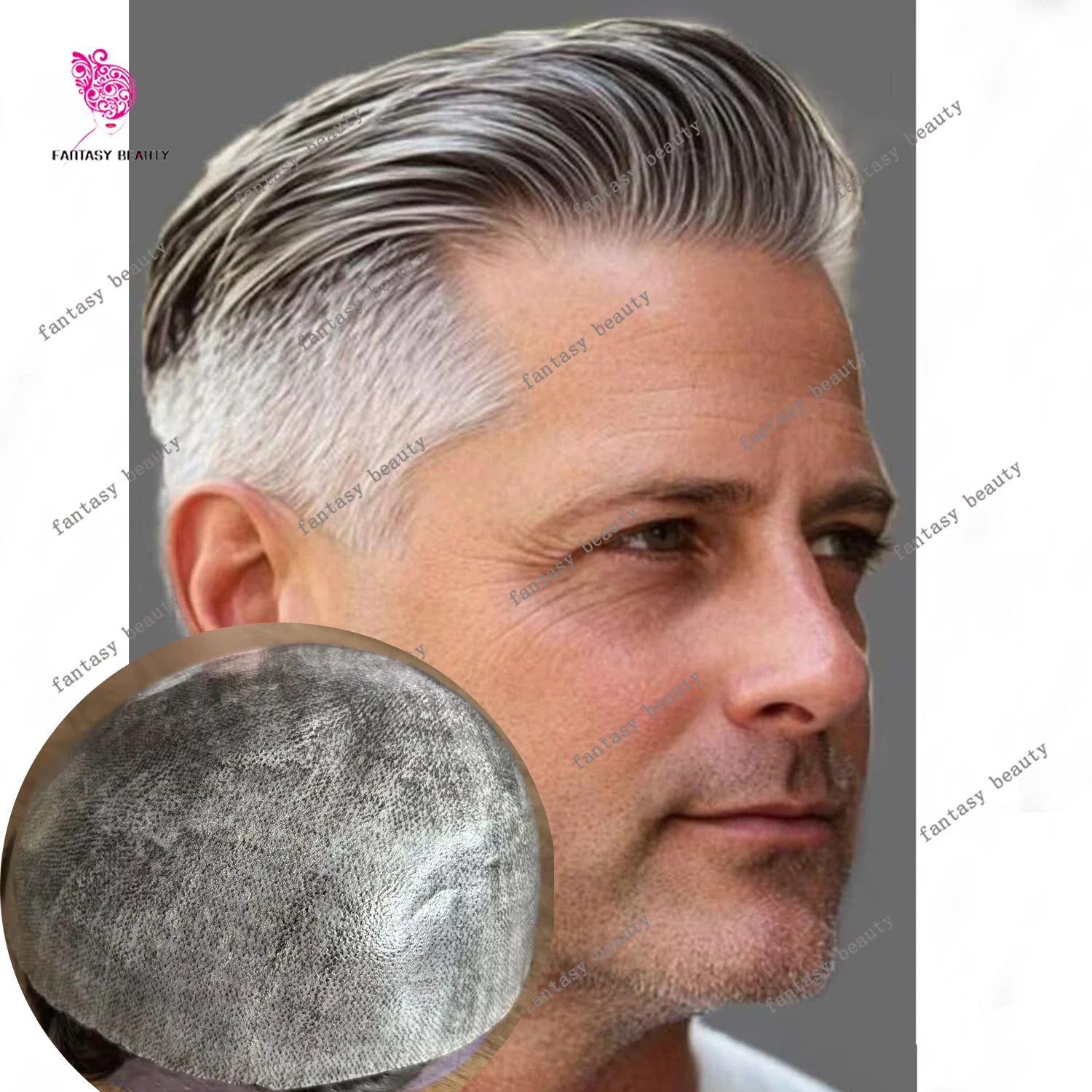 

1b80 1b65 Grey Male Hair 0.1mm Injection Thin Pu Men Toupee Human Hair Undetectable Durable old Man Prosthesi Replacement System