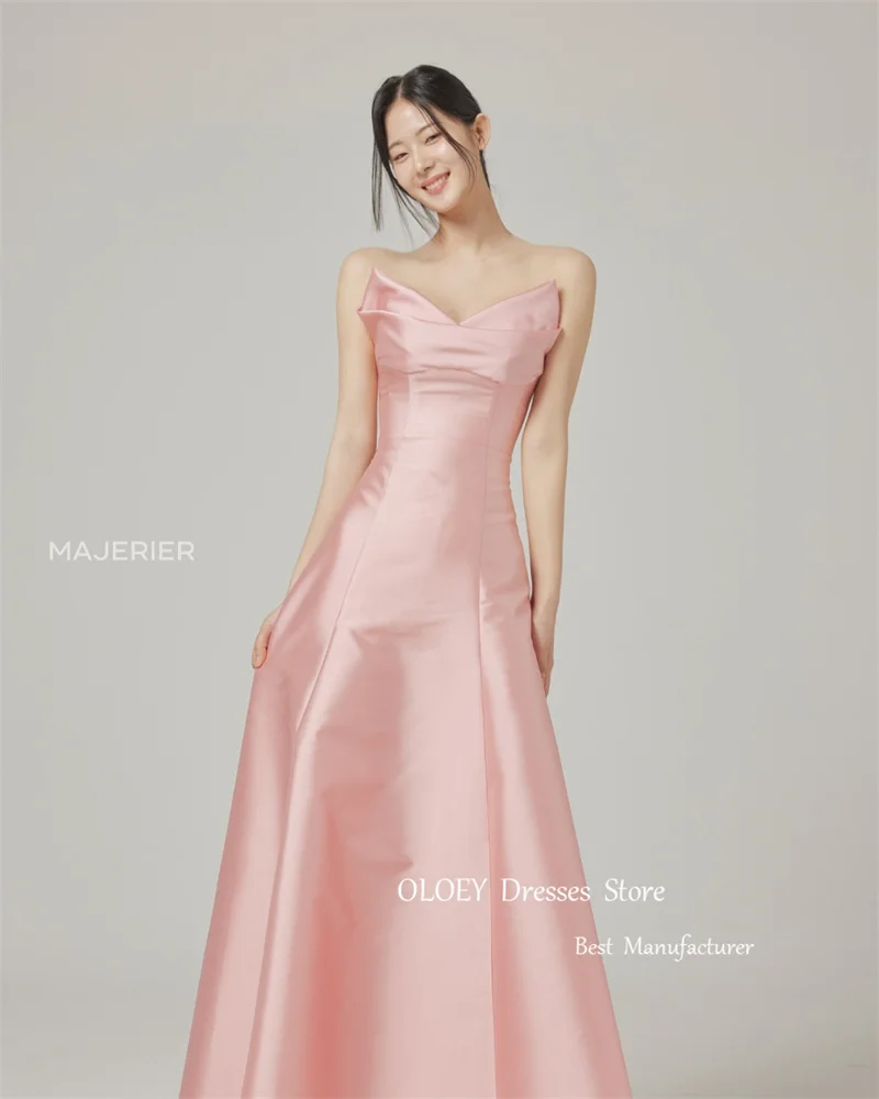 

OLOEY Simple Pink Satin Evening Dresses Korea Wedding Photoshoot V Neck Floor Length Formal Party Dress Corset Back