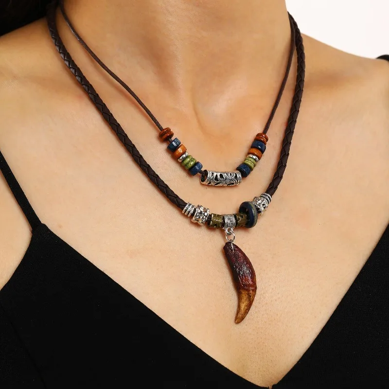 Boho Ethnic Colorful Wooden Beads Imitation Animal Teeth Pendant Double-layer Leather Cord Tribal Necklace for Men Women Jewelry