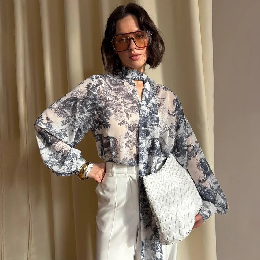 

Linad Vintage Lace Up Chiffon Print Shirts Woman Elegant Sheer Lantern Sleeve Blouse Fashion Long Sleeve Ladies Top 2025 Summer