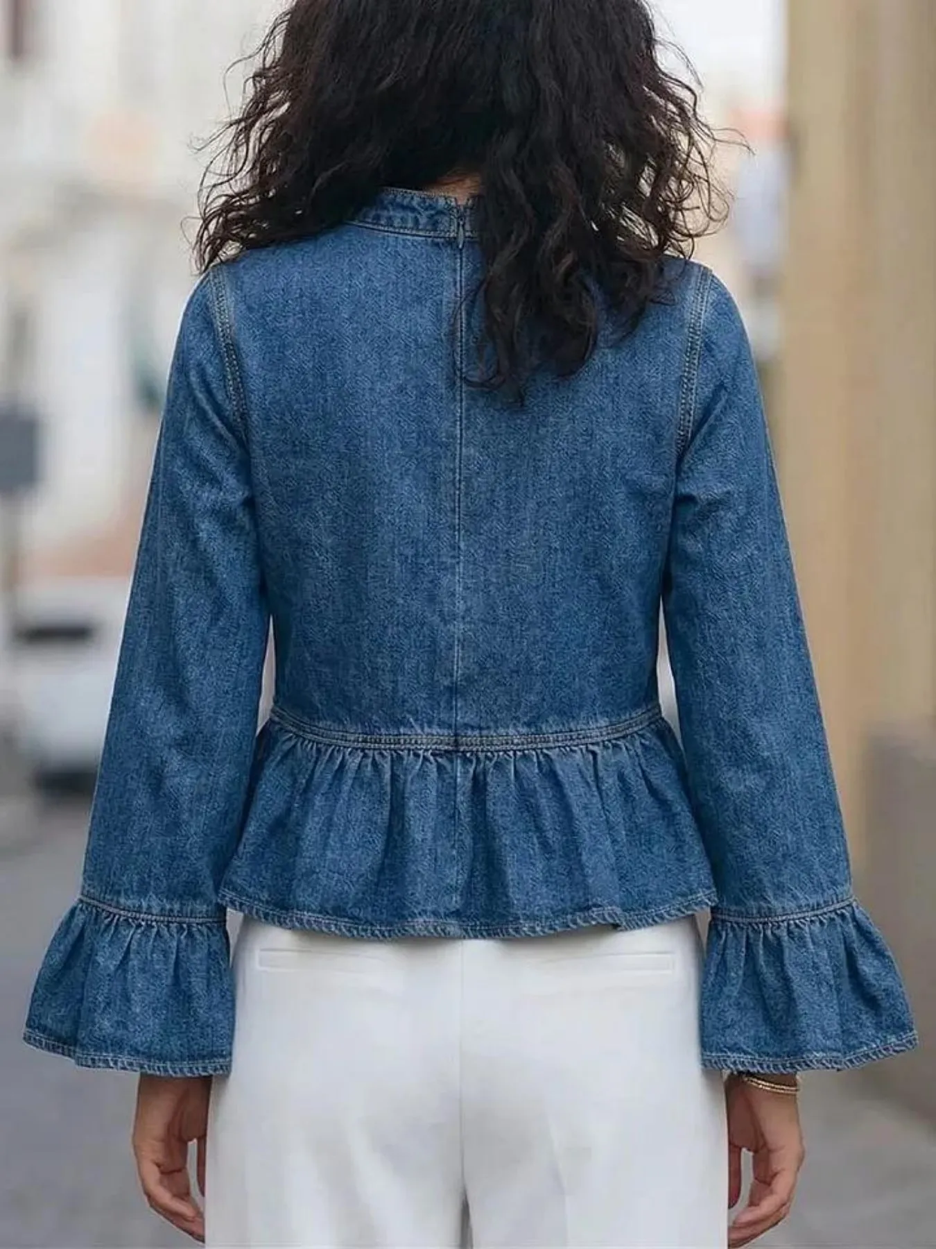 Women's Summer Elegant Denim-and-Tulle Patchwork Ruffled Blouse
