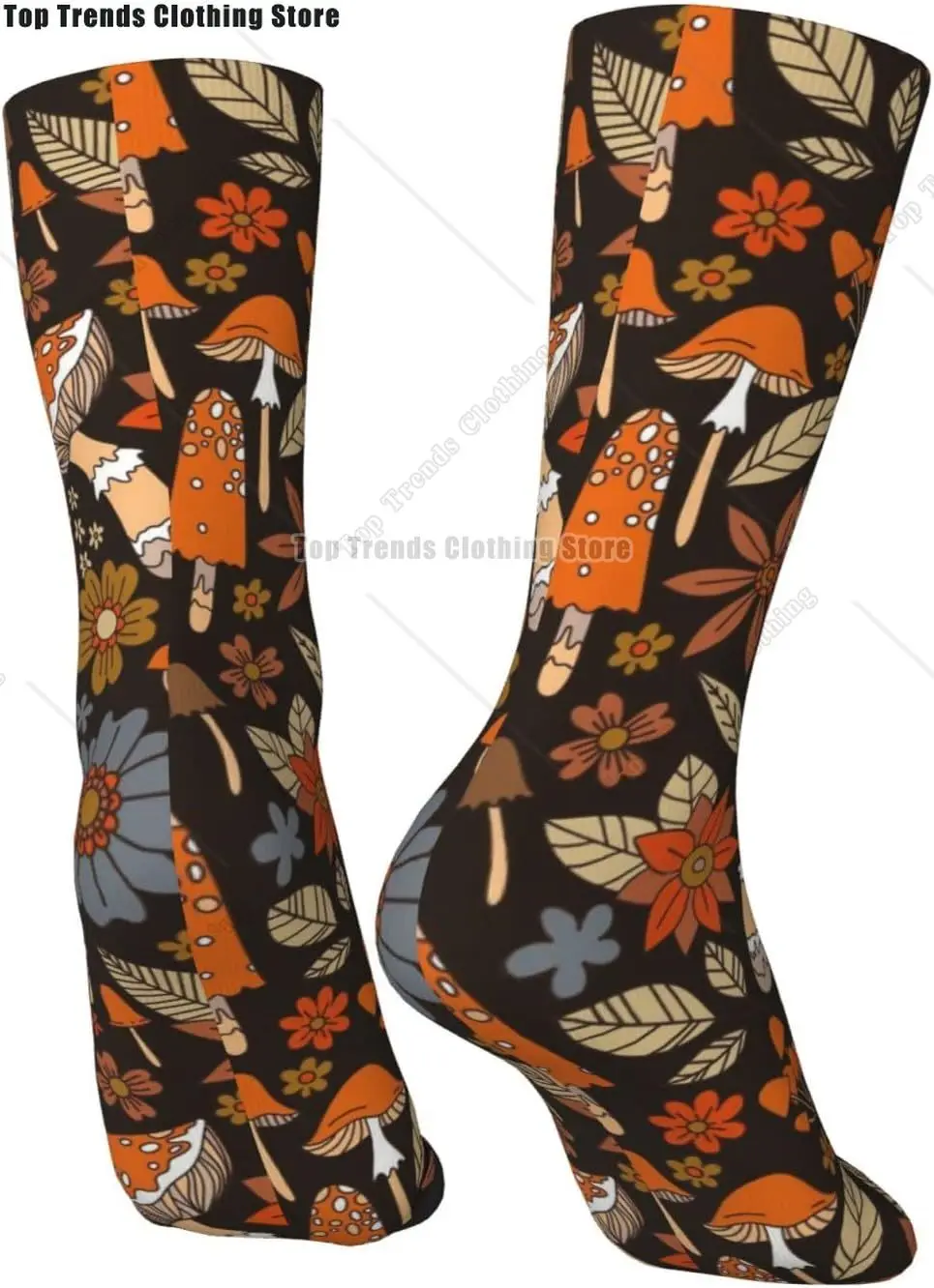 Retro 70s 80s Orange Flowers and Mushrooms Socks Soft Breathable Crew Socks Novelty Sport Athletic Socks for Women Men