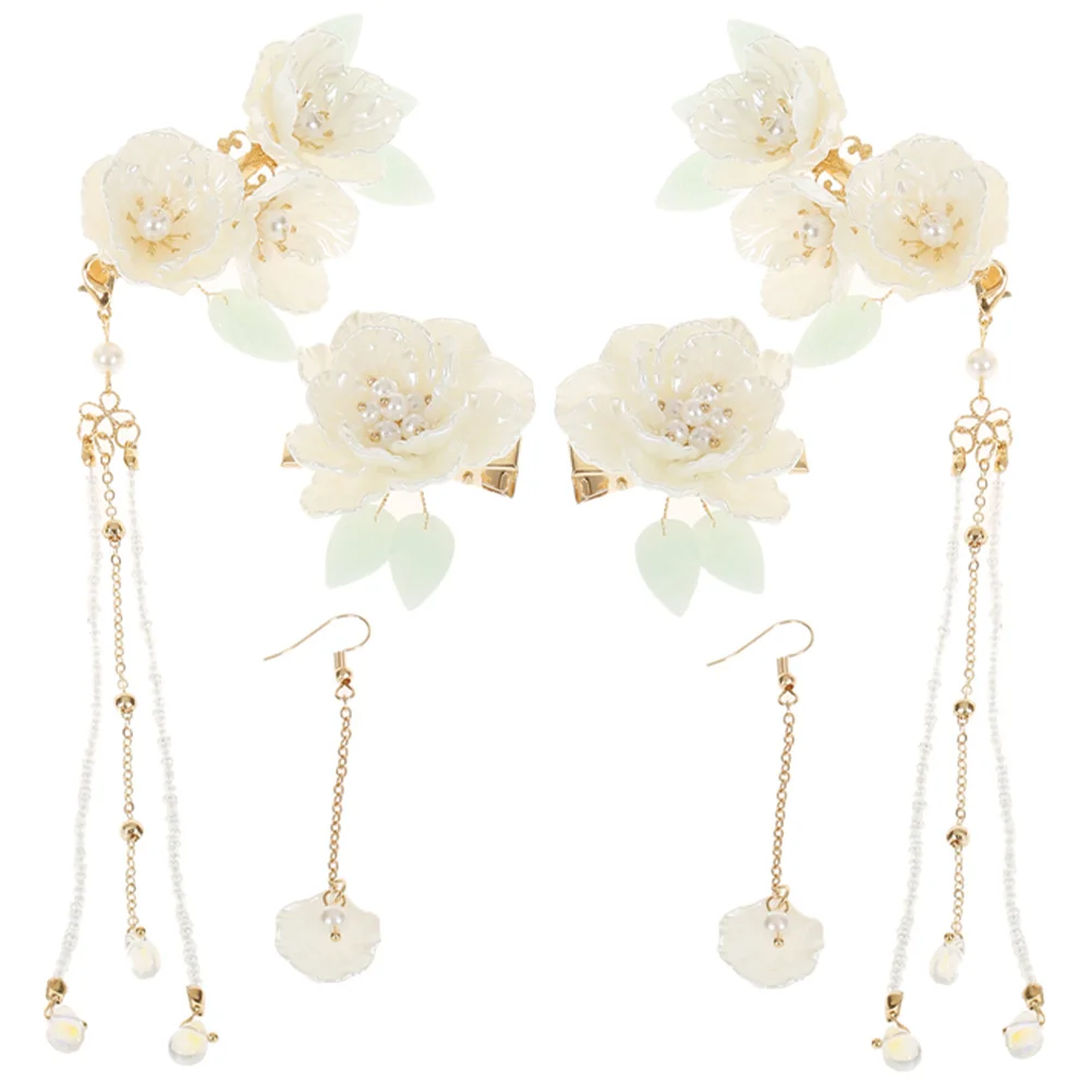 

1Set Hanfu Tassel Flower Hairpins Hair Clips Earrings Wedding Bride Hair Accessories Girls Barrettes Womens Earrings