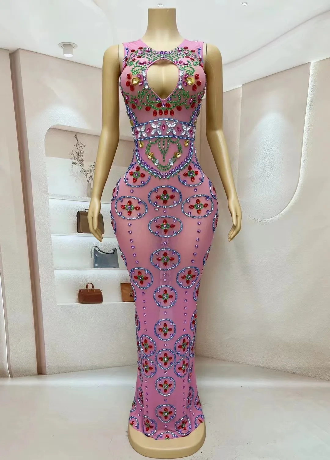 

ColorfuL Big Rhinestones Transparent Sleeveless Pink Dress Birthday Celebrate Evening Dance Performance Sexy Costume tangren