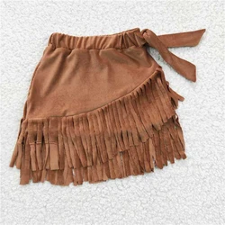 wholesale hot sale western boutique clothing Bohemian for baby girls clothes khaki gold velvet fringed skirts