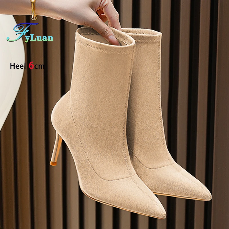 

Женские ботильоны с острым носком на высоком каблуке 6 см, 8 см, 10 см, замшевые модные элегантные весенние дизайнерские короткие женские зимние туфли Botas Mujer
