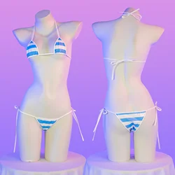 Summer PU Leather Micro Bikini Set Women Swimsuit Stripes Bright Anime Swimwear Erotic Underwear Sexy Lingerie Costume