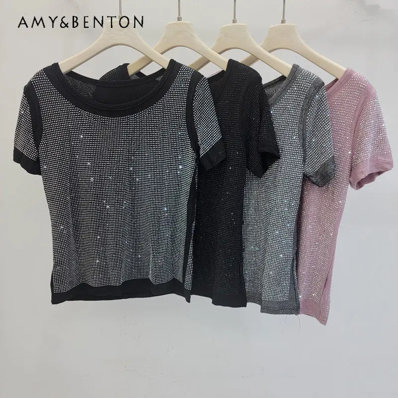 

New Premium Rhinestone Embellished High-stretch Ice Silk T-shirt Women's Summer Low-cut Crew Neck Short Sleeves Base Layer Top