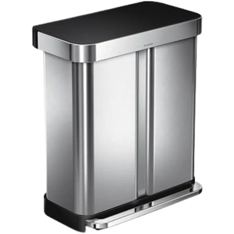 simplehuman 58 Liter / 15.3 Gallon Rectangular Dual Compartment Recycling Kitchen Step Trash Can with Soft-Close Lid