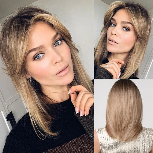 Imagen 1 del producto Peluca sintética de capas cortas para mujer, pelo liso de aspecto Natural de longitud media, marrón ombré, con flequillo, resistente al calor, Afro