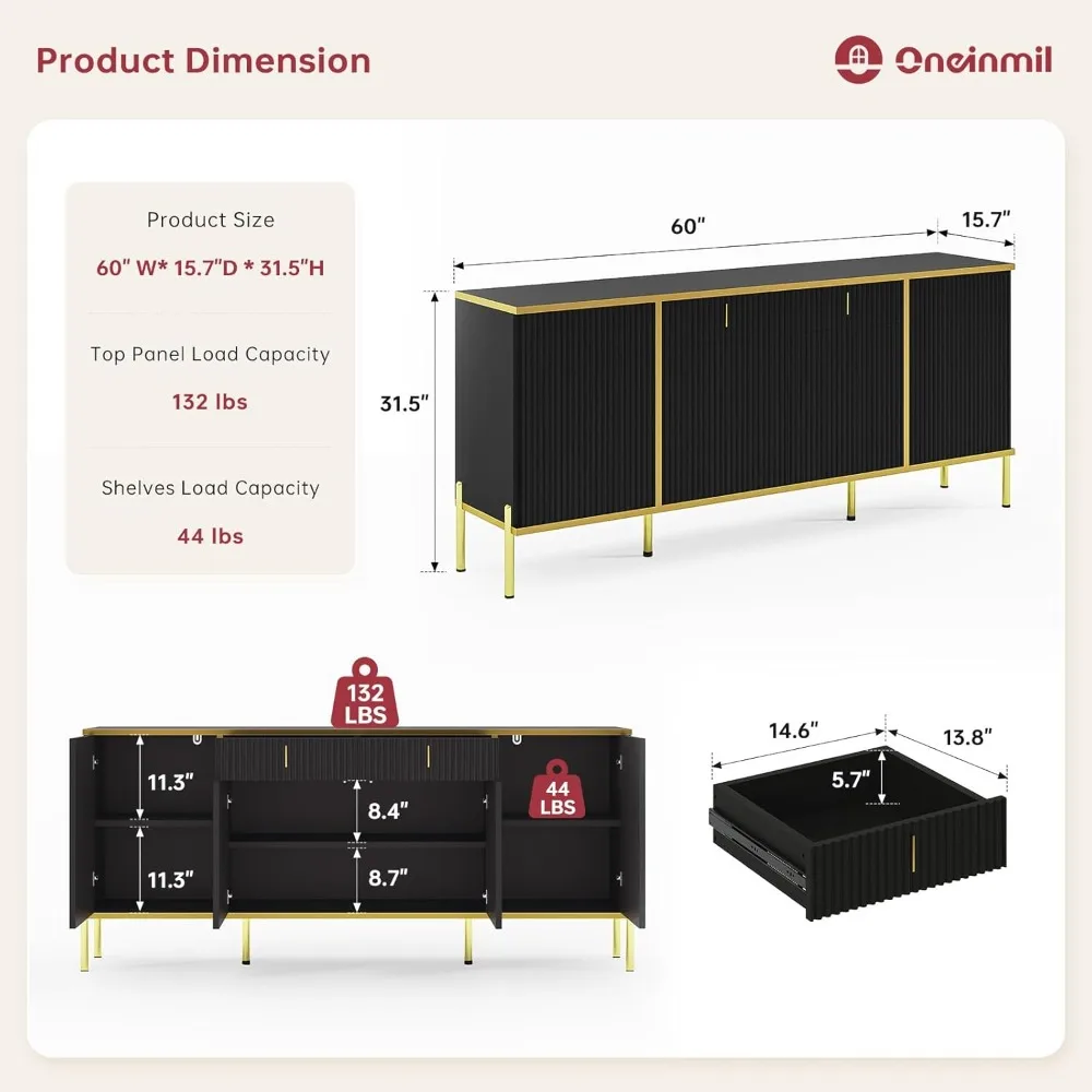 60” Modern Sideboard Buffet Cabinet, Fluted Storage Sideboard with Adjustable Shelves & Pop-Up Doors, Multifunctional