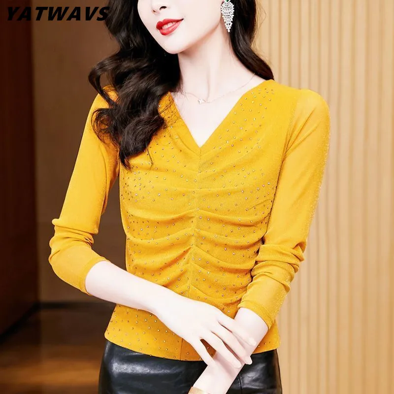 

M-3XL осенняя женская плиссированная футболка с v-образным вырезом и горячими бриллиантами, модная повседневная тонкая сетчатая футболка с длинными рукавами, темпераментные универсальные футболки