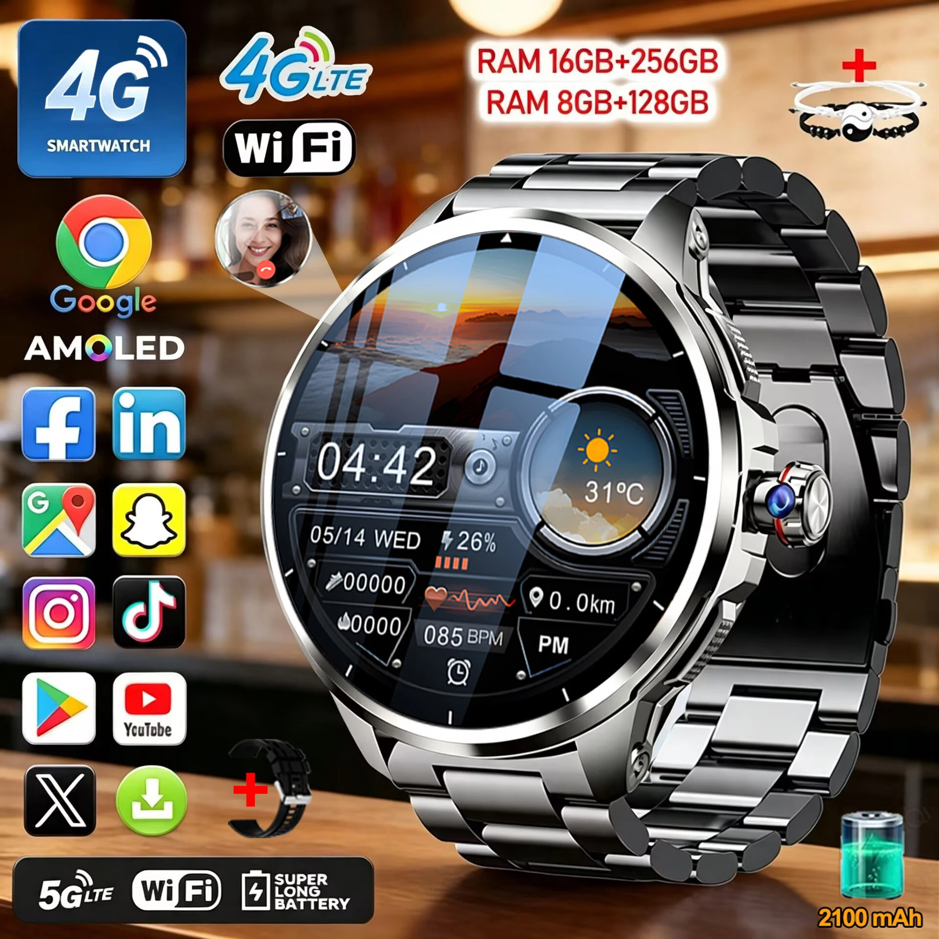 5G/4G Black Smart Watch Mens 1.95 inch 720*720 AMOLED 16GB+256GB RAM 2100mah Battery GPS WIFI Google APPS Smartwatch Android 9.0