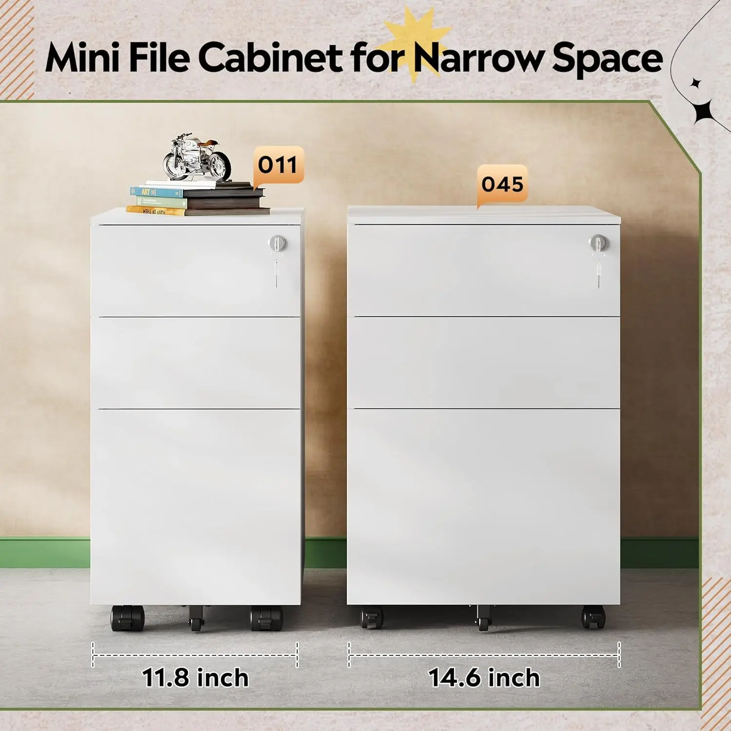 White filing cabinet, small filing cabinet with 3 drawers, suitable for home offices, rolled edge desk cabinets