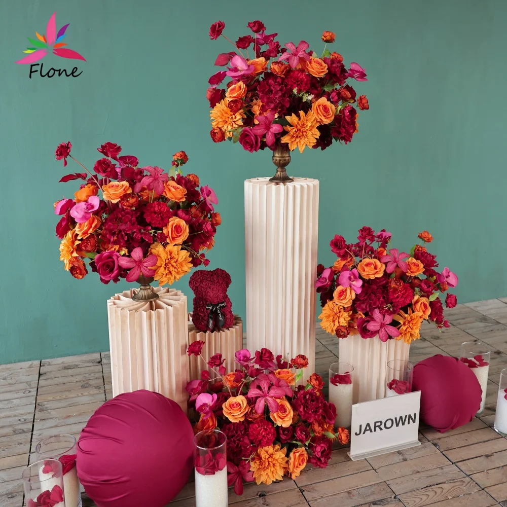 Artificial Flower Table Centerpiece Burgundy Orange Rose Butterfly Orchid Hydrangea Mix Floral Arrangement for Wedding Decor