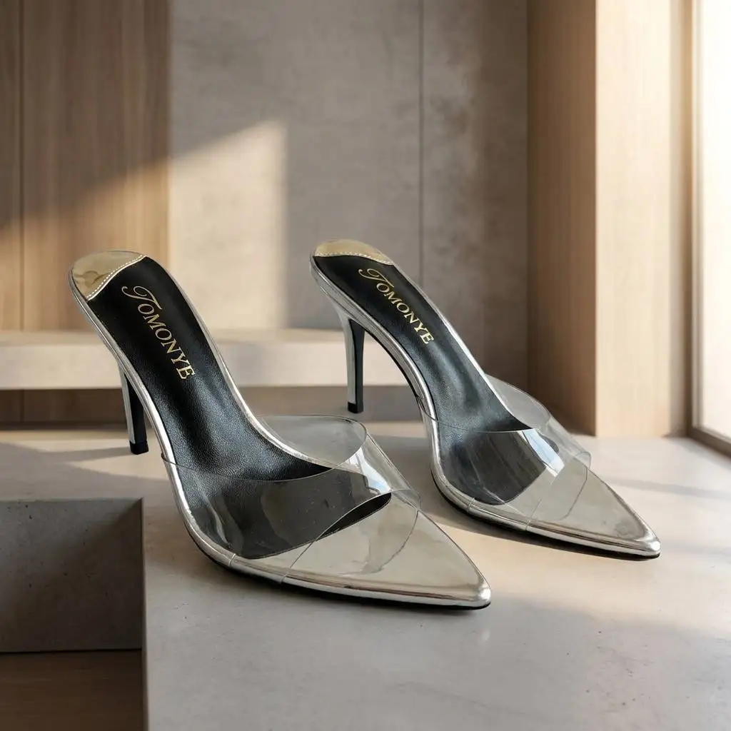 New Women's Pointed Toe Mules By TOMONYE; Sexy PVC Clear Band Stilettos; Silver Metallic & Leopard Pattern High Heels #TY-S26