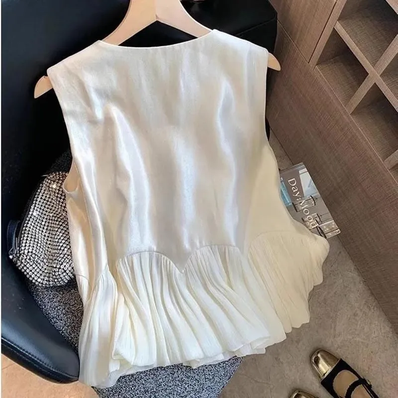 New outerwear Women Jacket Lotus Leaf Stitching Pearl Satin Sleeveless Top Women's Summer Fashion With Pleated Sleeveless Top