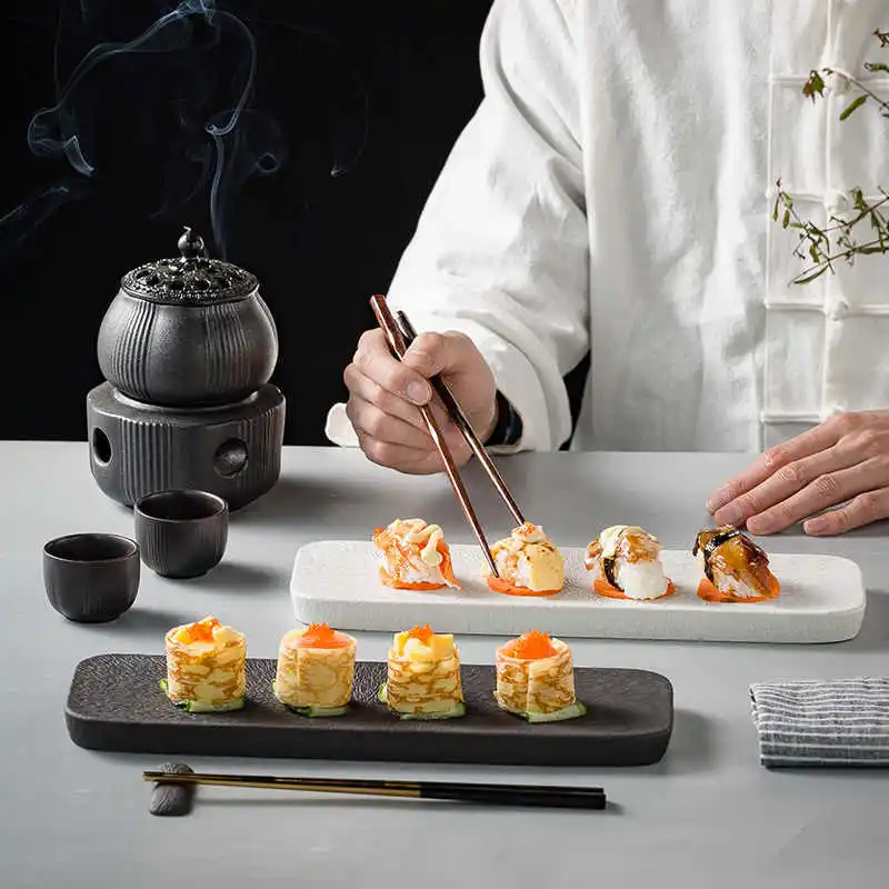 Exquisite Solid Colour Rectangular Ceramic Sushi Plate Creative Breakfast Dish Household Dessert Pastry Tray Tableware