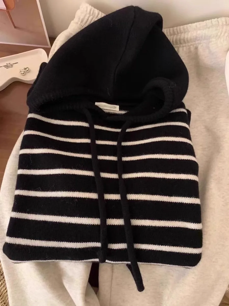 Autumn Winter Soft Cozy Striped Hoodie Knitwear Women's Inner Wear Korean Style Long Sleeve Loose Fit Commute Style Sweatshirt