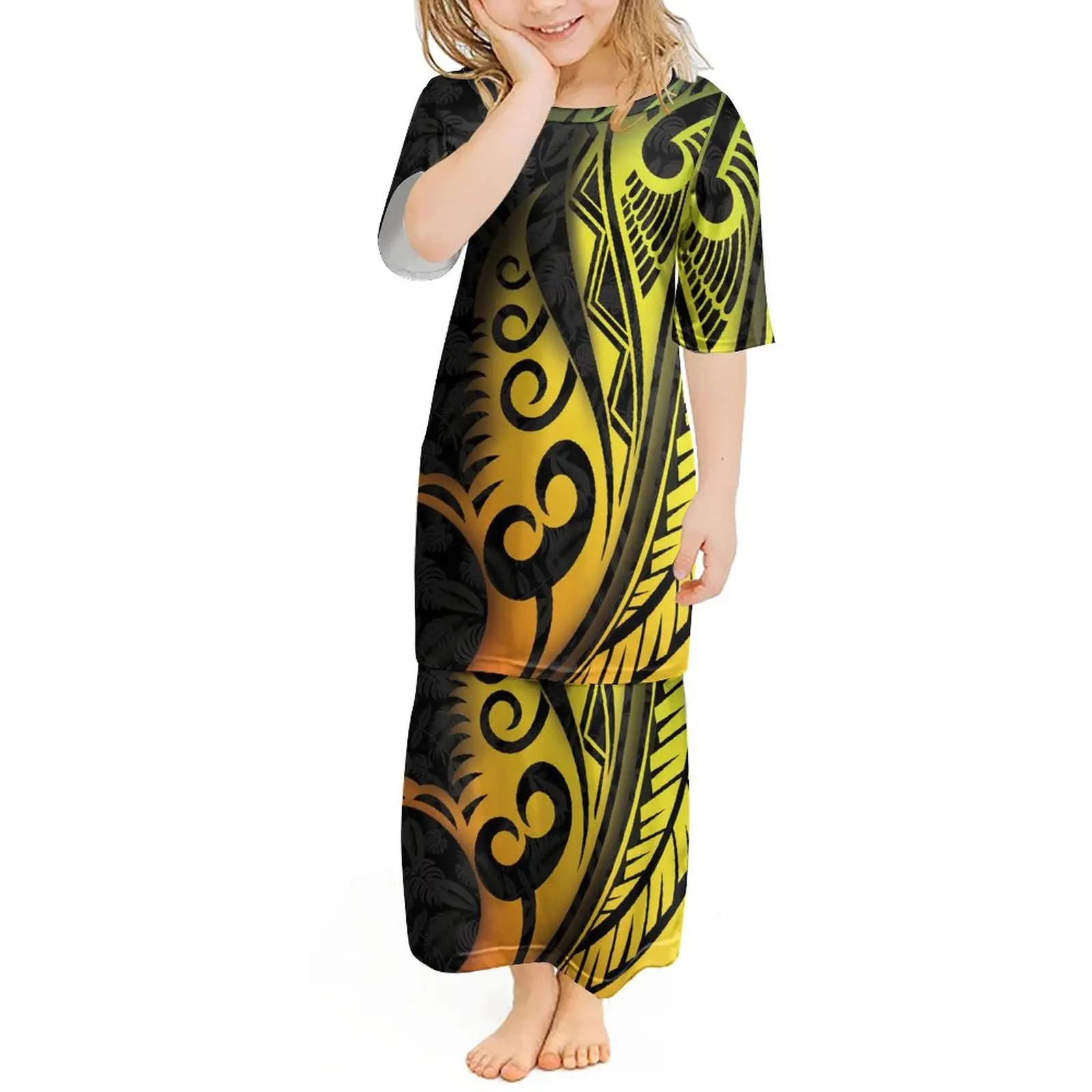 1-14T Short Sleeve Summer Girls Dress Polynesian Puletasi Milk Silk Clothing Tribe Print Party Girls Dresses