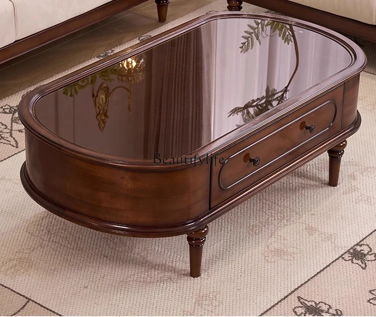 

Medieval coffee table French retro all-solid wood storage oval coffee table