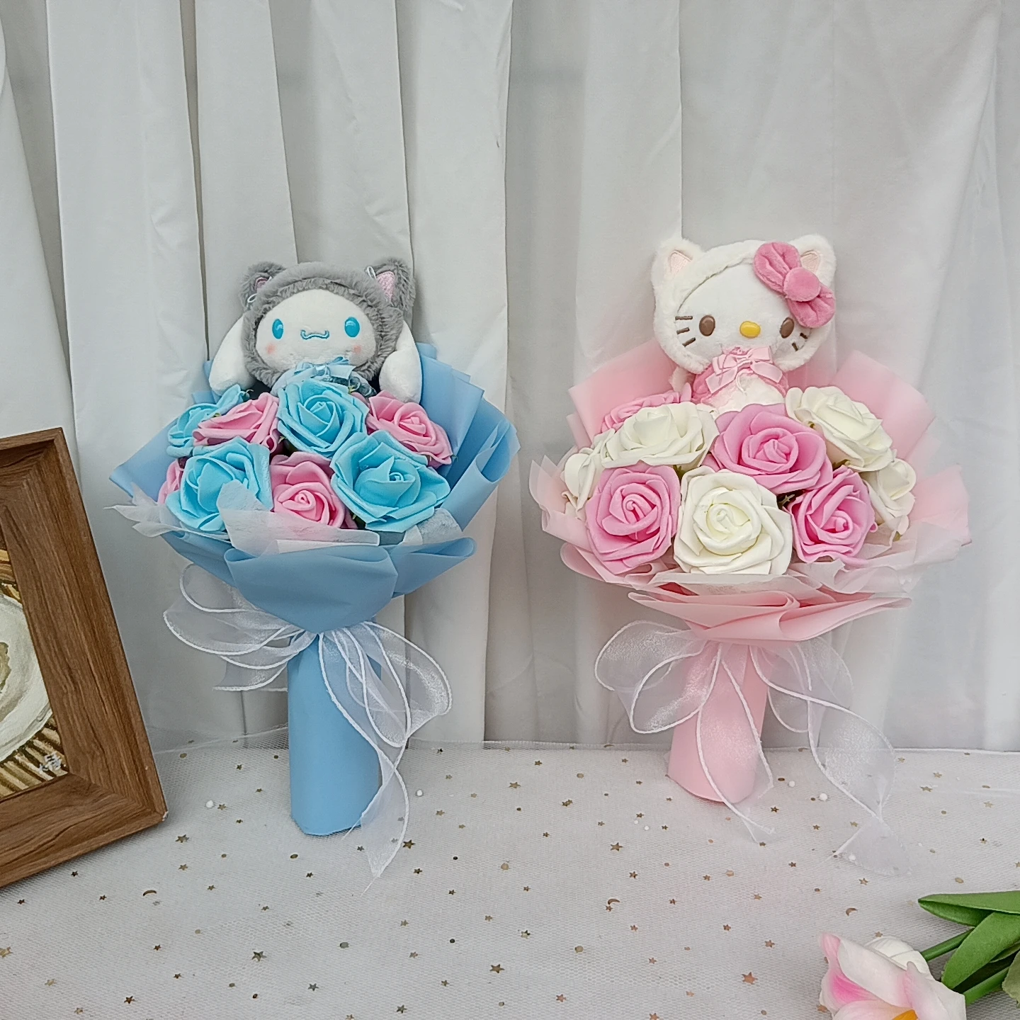 MINISO Kuromi Hello Kitty Plush Bouquet with Rose Anime My Melody Cinnamoroll  Plush Doll Valentine's Day Birthday Christmas Gif