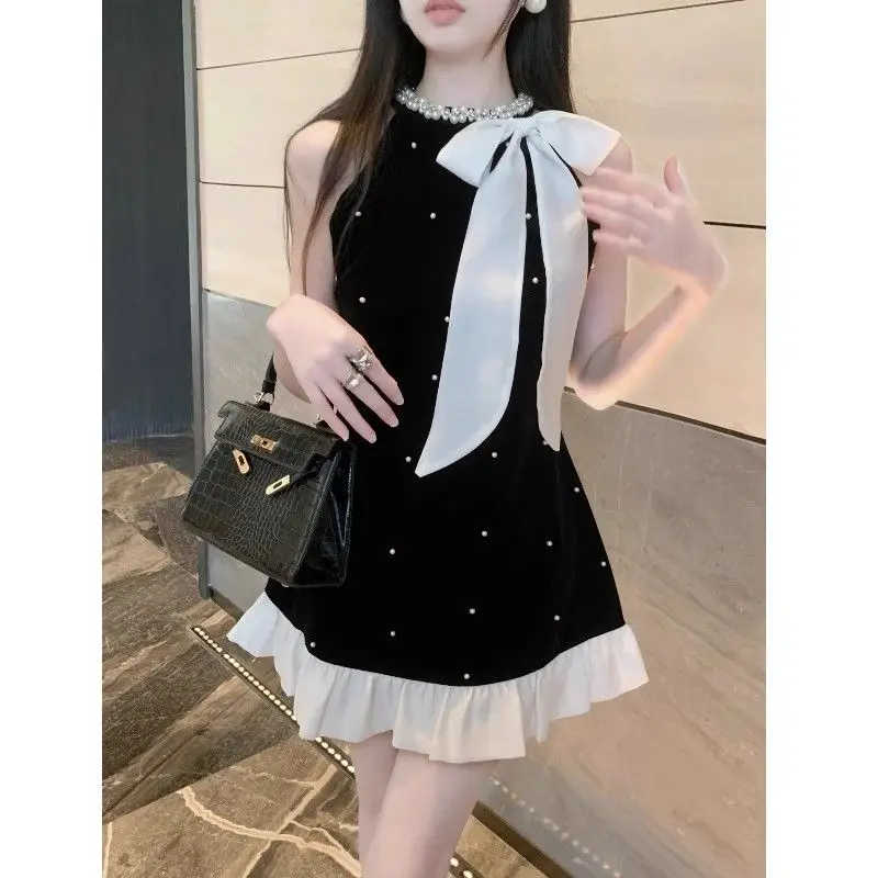 Black Bowknot Halter Neck Loose Dress for Women Spring Summer A-Line Dress with Beaded Elegant Evening Dress