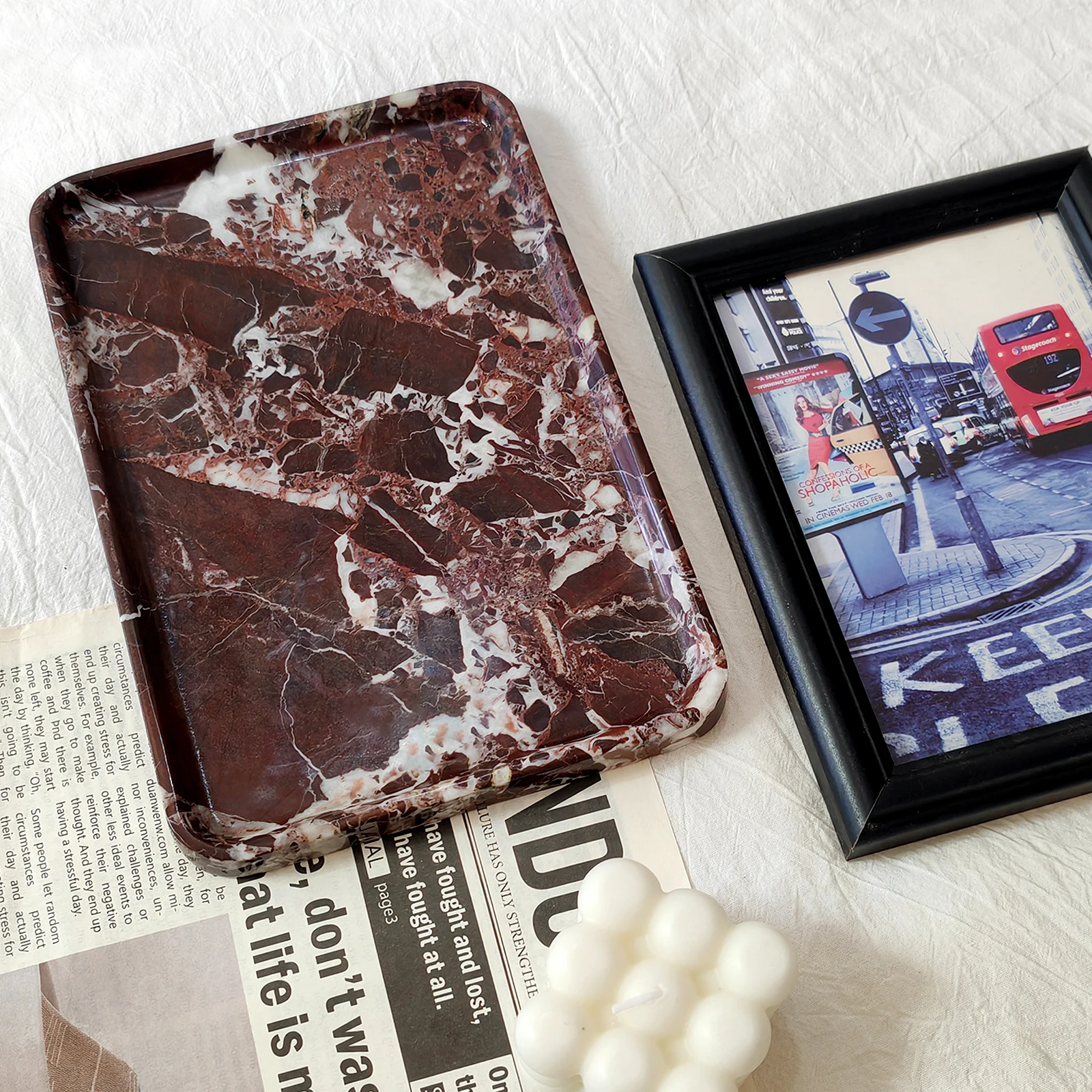 صينية حجر الجيري الطبيعي - منظم مستطيل أرجواني |   صينية الغرور للمجوهرات والمكياج والعطور |   الحمام، ديكور المكتب