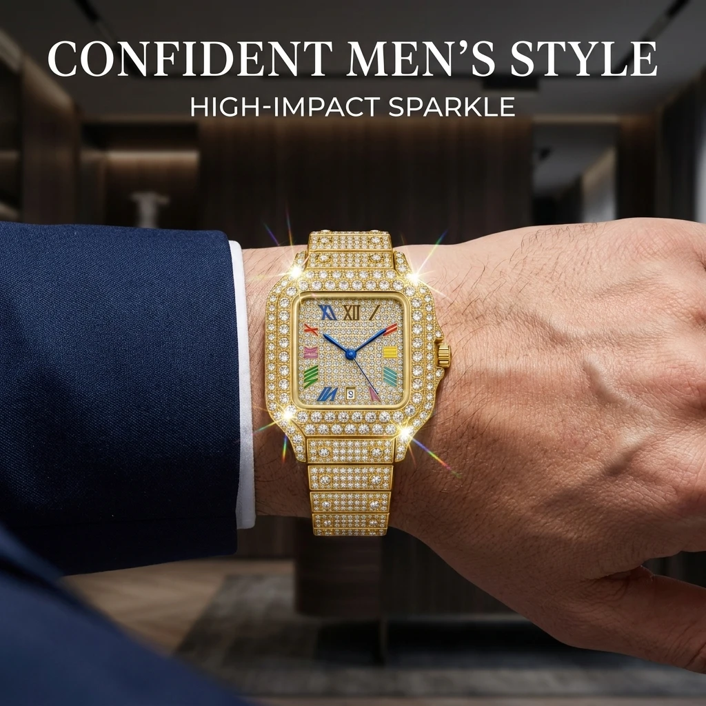Men's square plate reading watch, block face splicing shape strap, light luxury collection style
